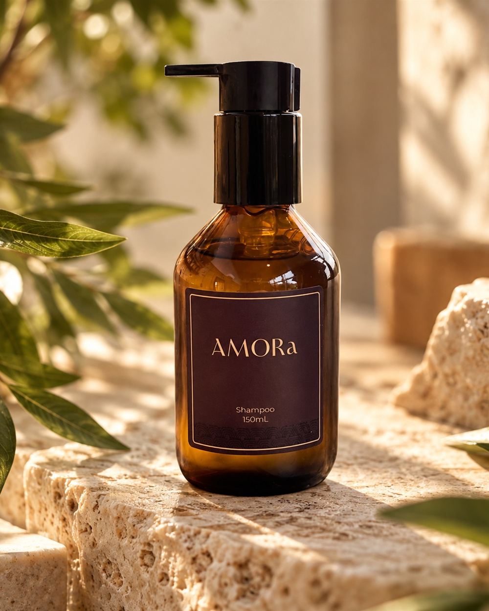 Shampoo Amor'a em frasco âmbar sobre pedra, entre folhas, na luz do sol